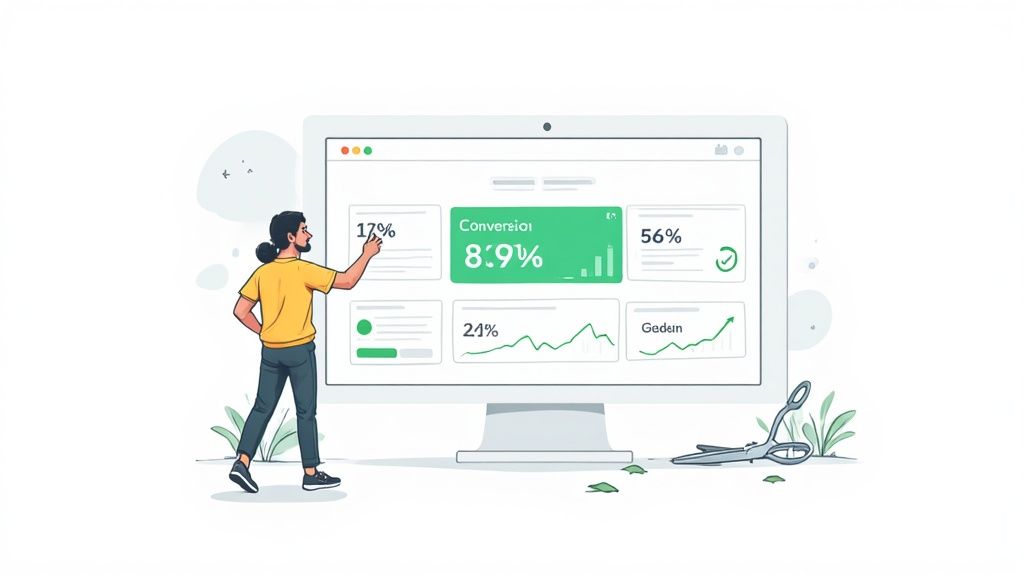 Un bărbat analizează un dashboard de marketing digital pe un monitor mare, prezentând rate de conversie și metrici de performanță.