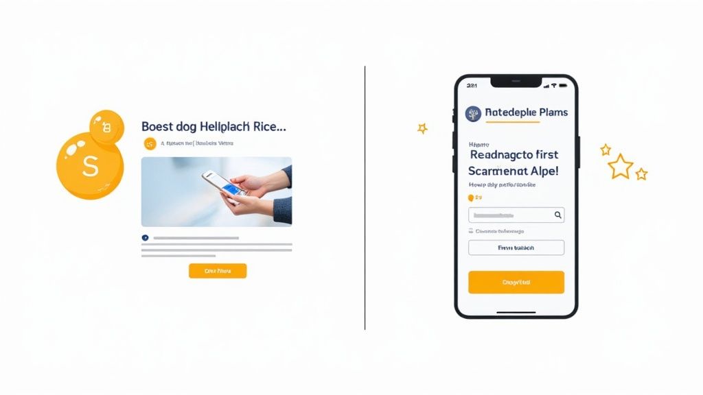 O imagine tip split care arată o reclamă pe un website cu un telefon și o interfață de aplicație mobilă cu câmpuri de text.