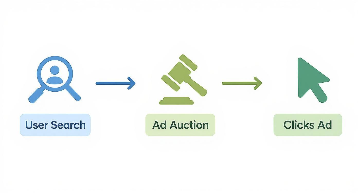 O diagramă de flux care arată procesul de publicitate online: căutarea utilizatorului duce la o licitație pentru reclamă și apoi la click pe reclamă.
