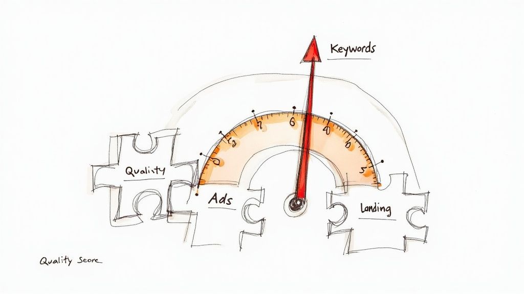 Diagrama dibujado a mano que muestra un medidor de Quality Score con un puntero de Keywords y piezas de puzzle para Ads y Landing.
