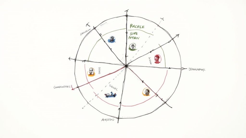 Diagrama radial dibujado a mano que ilustra la segmentación de usuarios en demografía, comunidades y afinidades.