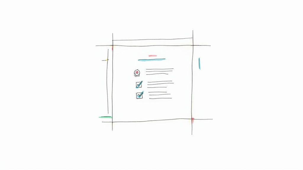 Handgezeichnete Skizze eines Dokuments oder einer App-Ansicht mit einer Checkliste, bei der zwei Punkte abgehakt sind.