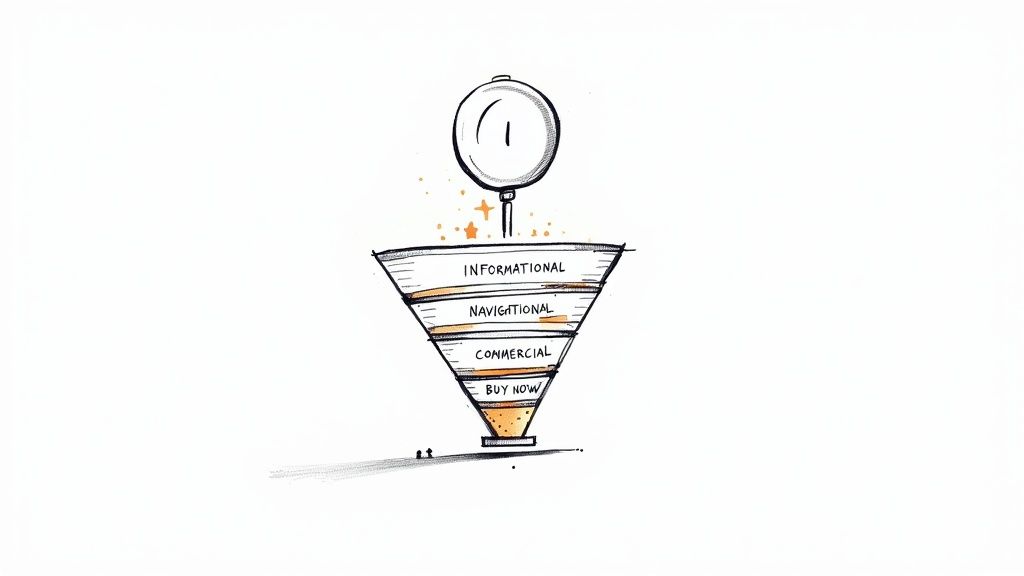 Illustrierter Marketing-Funnel mit den Stationen der Customer Journey: Informations-, Navigations-, kommerzielle und Jetzt-kaufen-Phase.