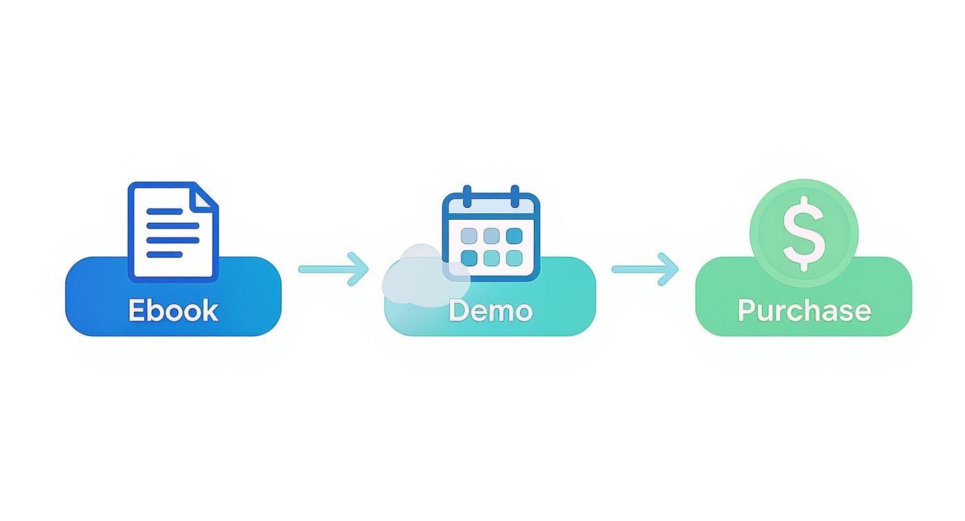 Eine visuelle Flowchart, die die Customer Journey von E-Book-Download über Demo bis Purchase zeigt.