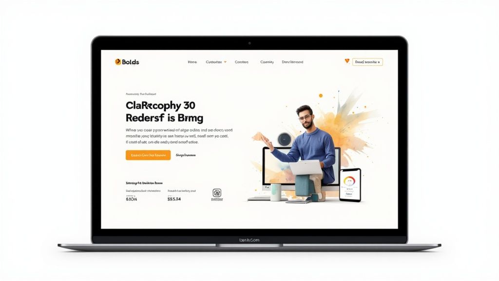 Un ordinateur portable affichant un site web avec un homme, plusieurs écrans et de l’art abstrait, proposant des informations financières.