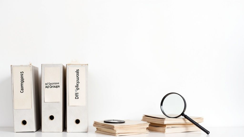 Trois classeurs étiquetés 'Campaigns', 'Ad Groups' et 'Keywords' avec une loupe et des documents.