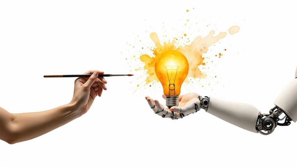 Mâna umană cu pensulă interacționează cu mâna robot care ține un bec luminos, simbolizând AI și creativitatea.