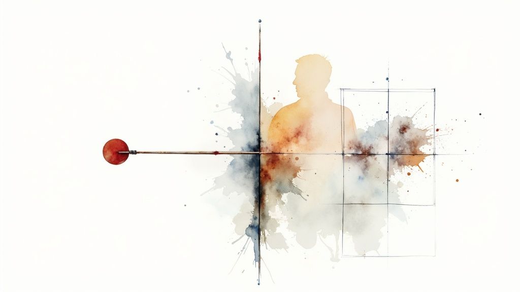 Ilustrație abstractă cu acuarele care prezintă o siluetă umană, o țintă și o grilă, simbolizând testarea conceptuală.