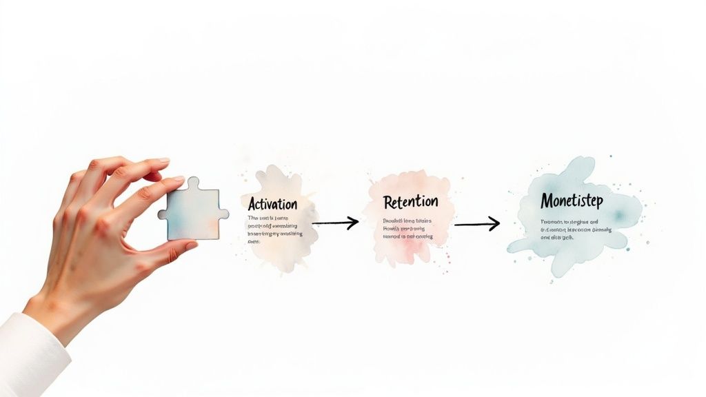 O mână ține o piesă de puzzle lângă o diagramă a procesului de business pentru Activare, Retenție și Monetizare.