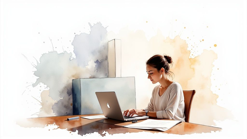 O femeie atentă lucrează cu sârguință la un laptop argintiu pe un birou din lemn, cu fundal watercolor.