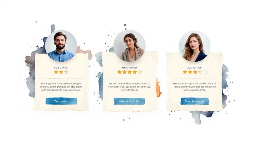 Trei carduri cu testimonialuri ale clienților în stil watercolor, cu fotografii ale utilizatorilor, ratinguri cu stele și textul recenziilor.