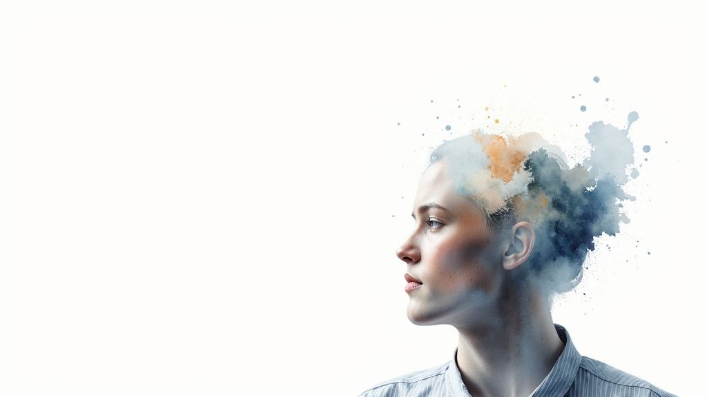 Profil lateral al unei femei cu stropi colorați de vopsea watercolor care reprezintă gândurile și creativitatea.