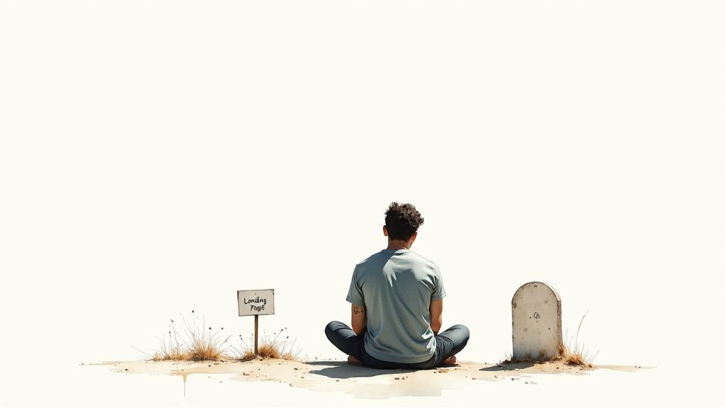 Une personne assise sur un sol stérile, contemplant un panneau « Landing Page » et un petit marqueur.