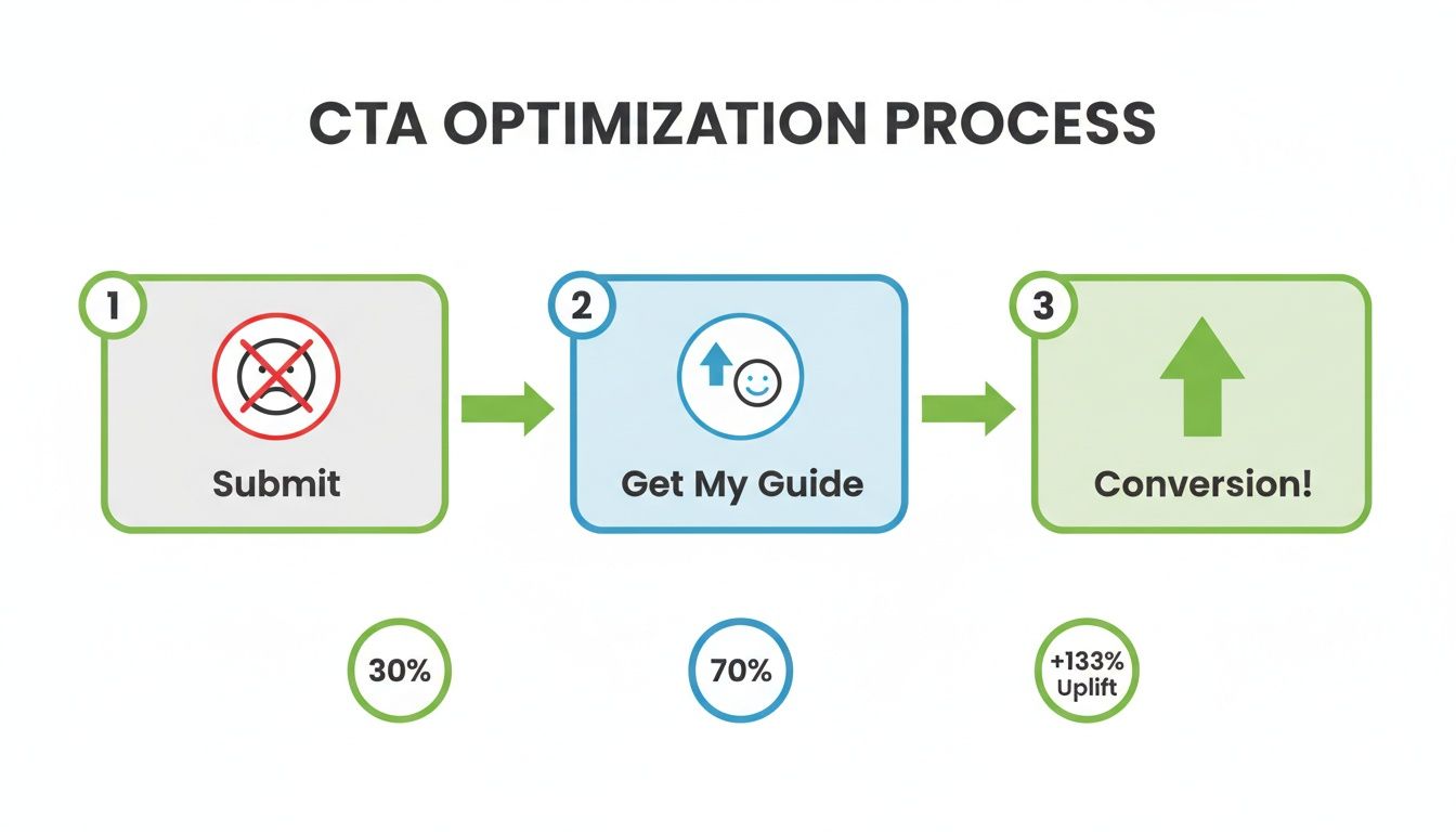 Schéma illustrant un processus d’optimisation du CTA, montrant une amélioration de la conversion de « Submit » à « Get My Guide » avec +133%.
