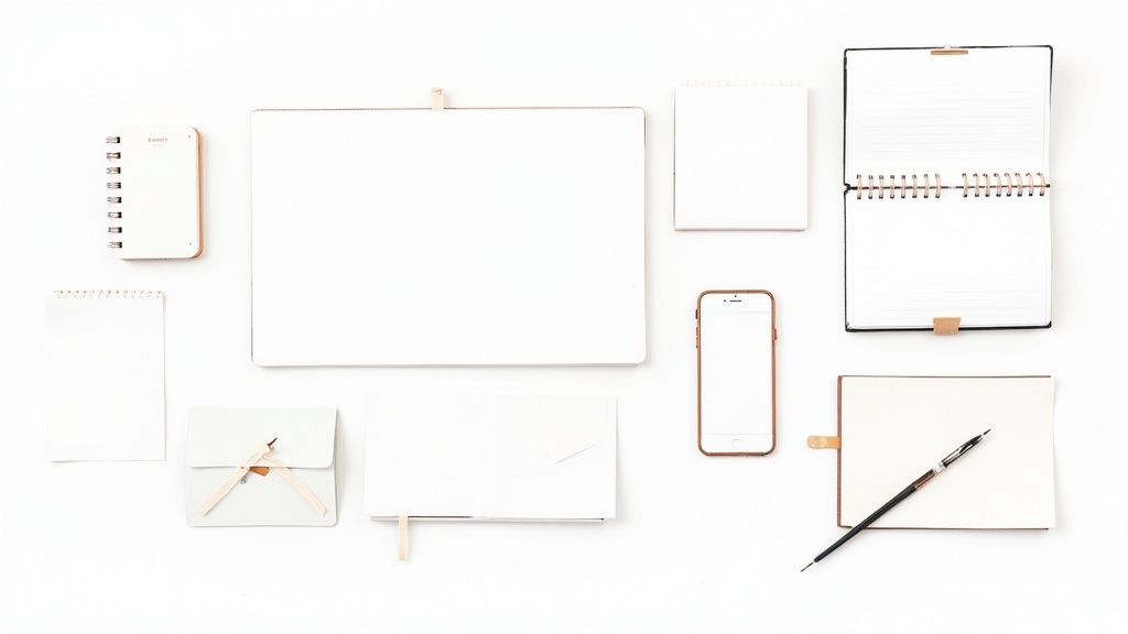 Vue à plat de carnets blancs, de feuilles, d’un smartphone et d’un stylo sur une surface propre.