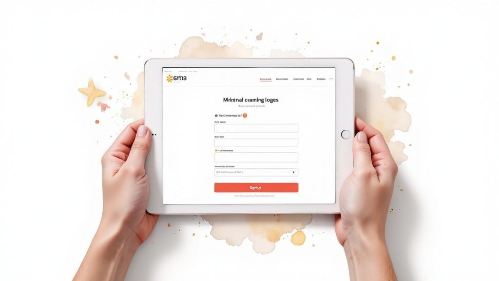 Plan rapproché de mains tenant une tablette blanche affichant un formulaire d’inscription avec des champs de saisie et un bouton.