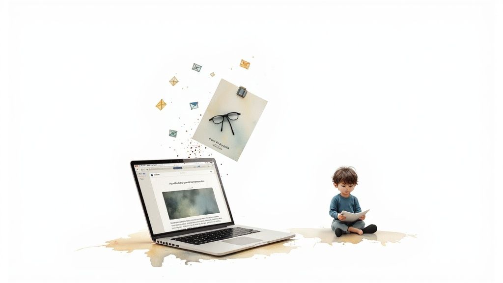 Un jeune garçon lit un livre près d’un ordinateur portable, avec un mémo et des enveloppes qui volent sur fond blanc.