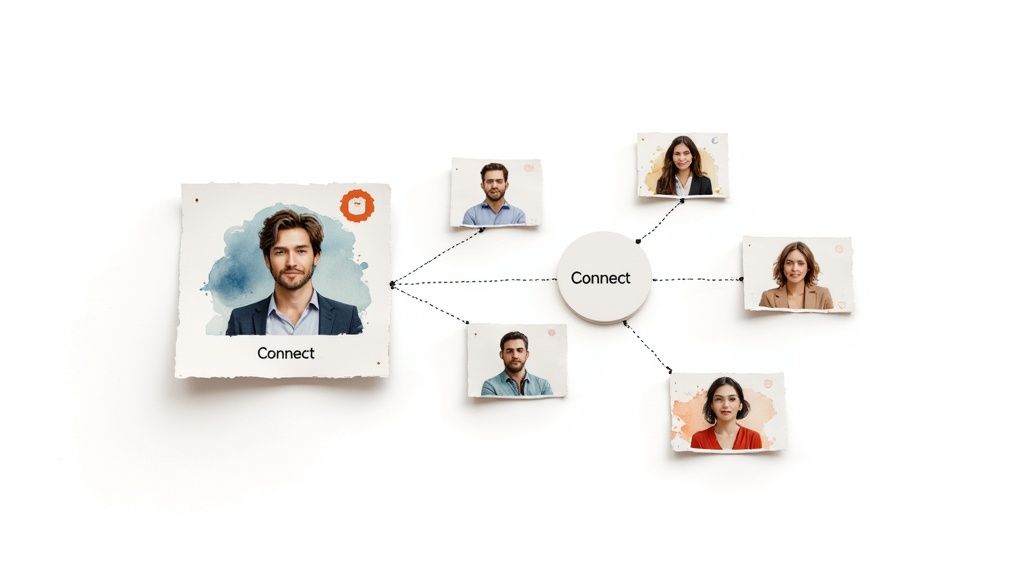 Un schéma réseau montrant un nœud central « Connect » reliant plusieurs portraits individuels divers.