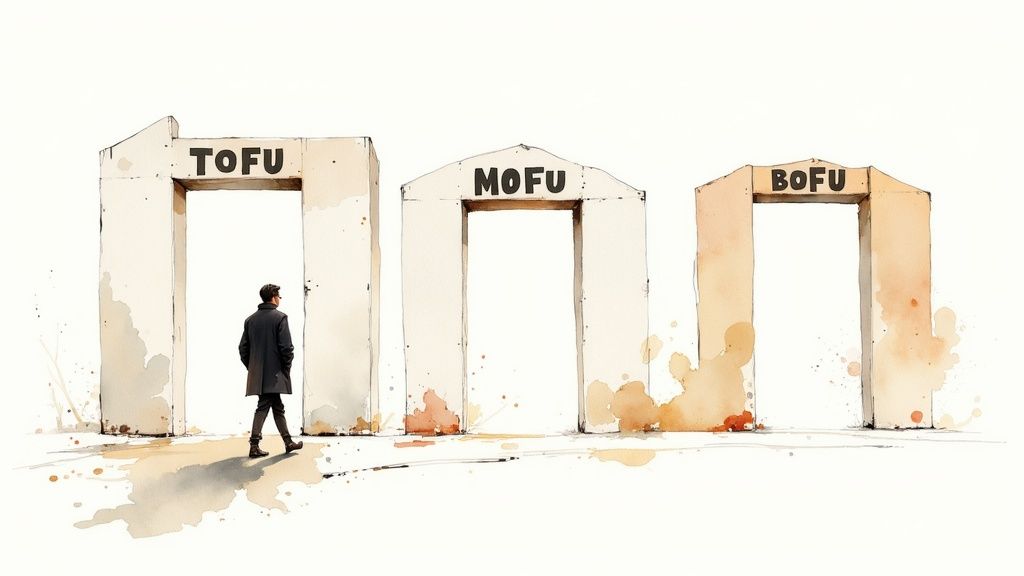 Un homme marche vers une arche « TOFU », avec des arches « MOFU » et « BOFU » derrière lui.