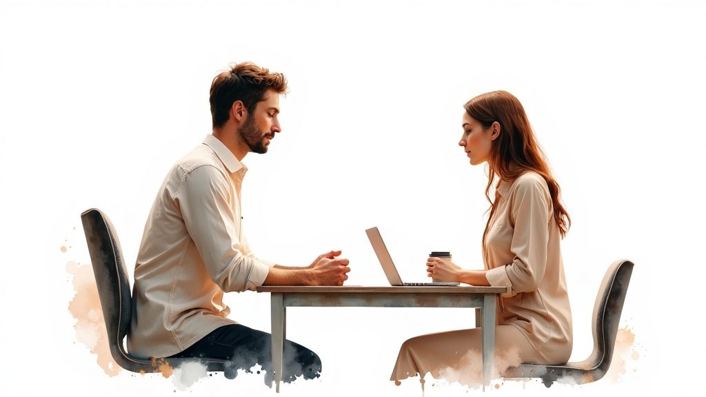 Deux personnes sont assises autour d’une table, se faisant face avec un ordinateur portable et une tasse de café.