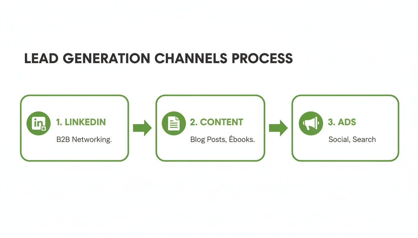 Schéma illustrant le processus des canaux de génération de leads : LinkedIn, Content et Ads, avec une description pour chacun.