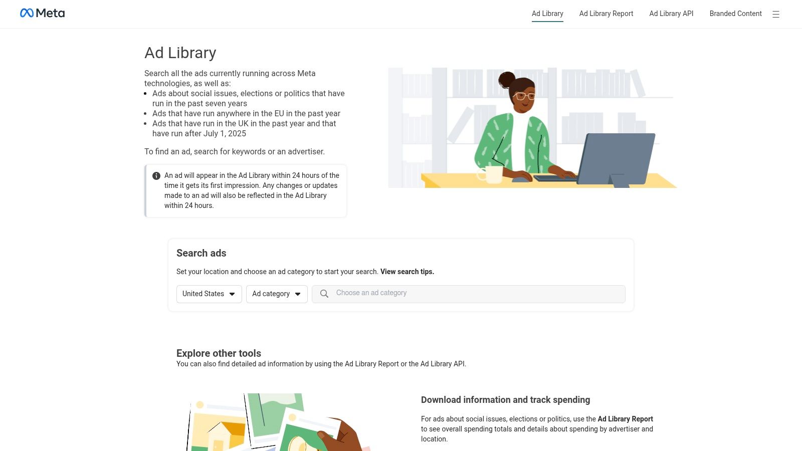 Une capture d’écran de la Meta Ad Library, montrant sa fonctionnalité de recherche et des exemples d’annonces provenant d’un annonceur spécifique.