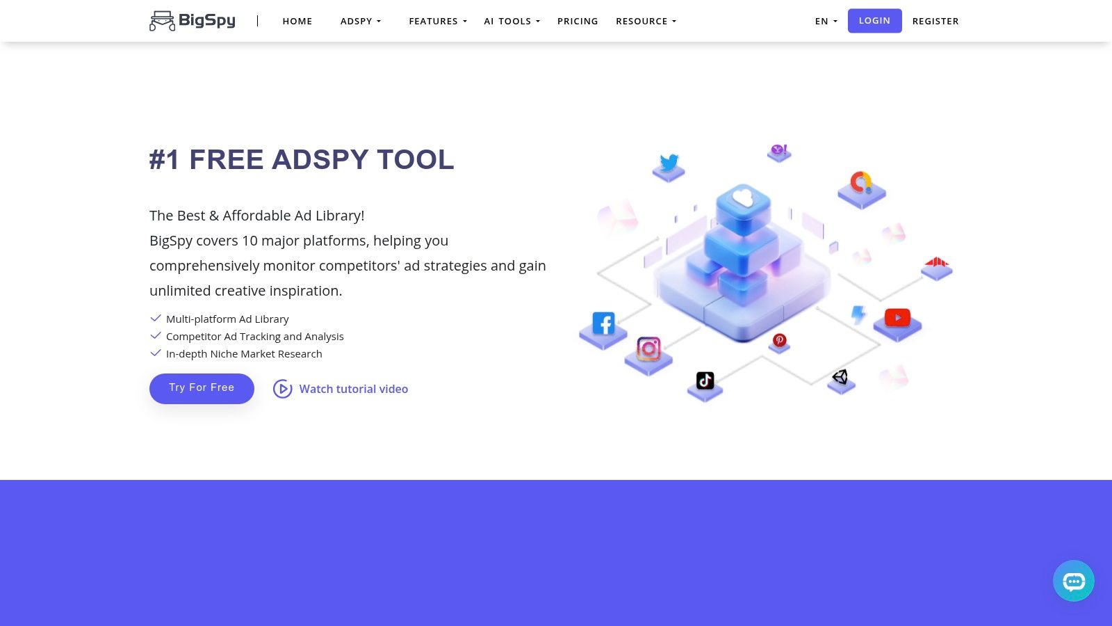 Une capture d’écran du tableau de bord BigSpy montrant des exemples d’annonces provenant de diverses plateformes comme Facebook et YouTube.