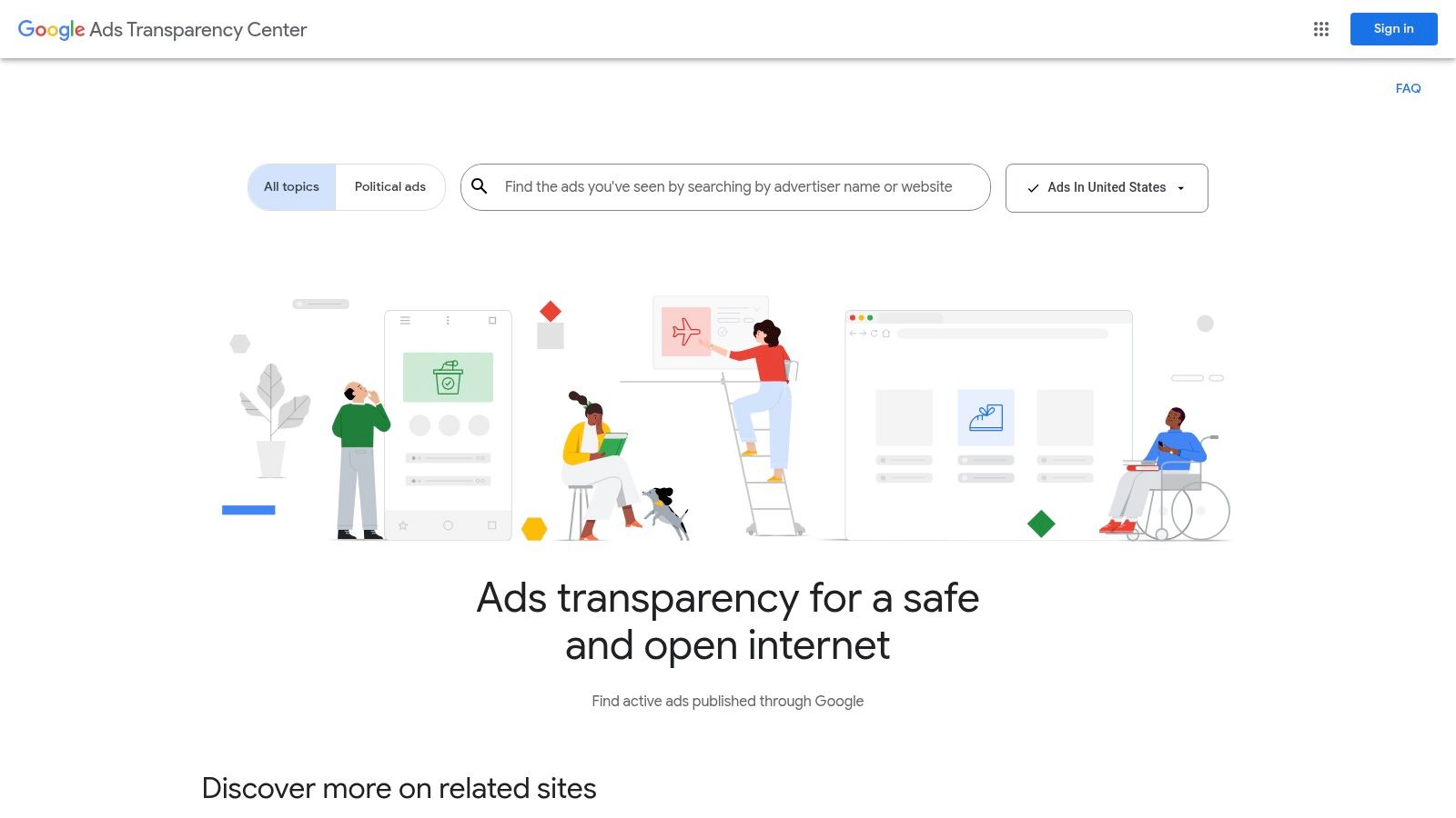 Une capture d’écran de la page d’accueil du Google Ads Transparency Center, montrant sa barre de recherche et un exemple de bibliothèque d’annonces d’un annonceur.