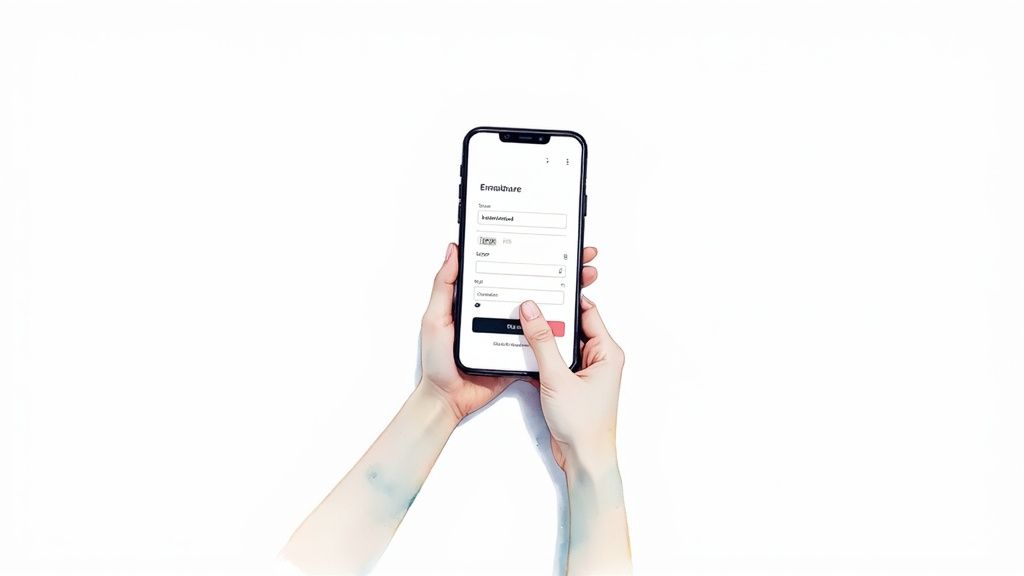 Die Hände einer Person halten ein Smartphone mit einem digitalen Lead-Capture-Formular, das verschiedene Eingabefelder anzeigt.
