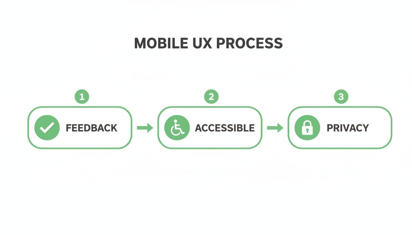 Diagramm, das den Mobile-UX-Prozess mit drei Schritten zeigt: Feedback, Accessible und Privacy.