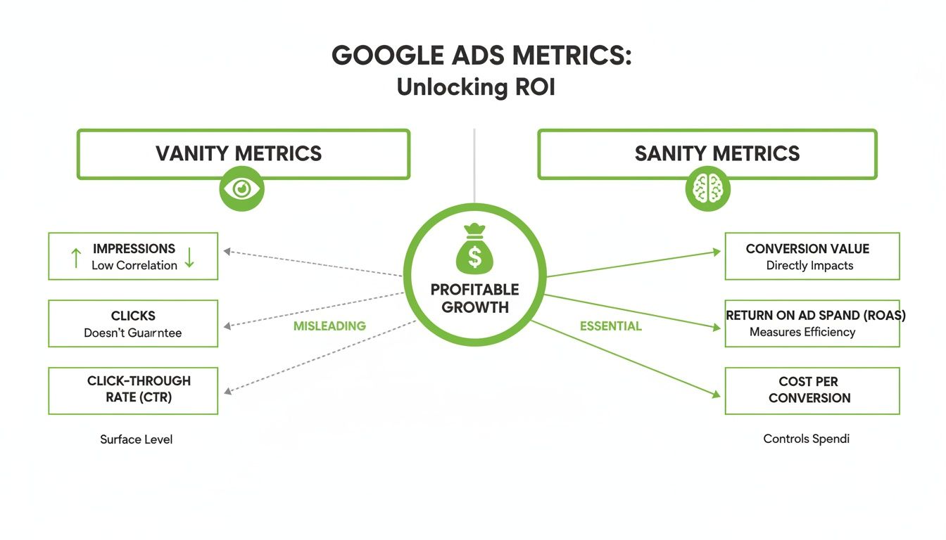 Diagramme contrastant les métriques de vanité Google Ads (impressions, clics) avec les métriques saines essentielles (valeur de conversion, ROAS) pour une croissance rentable.