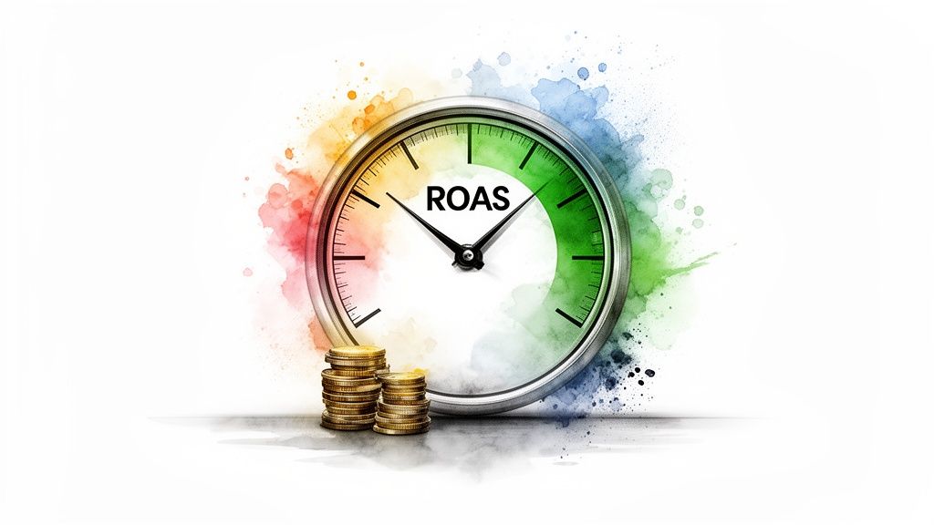 Un reloj colorido de ROAS con dos montones de monedas de oro, que simboliza el rendimiento financiero y el tiempo.