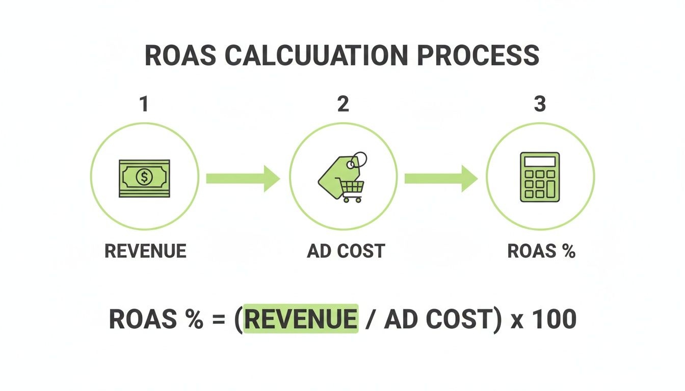 Infografía que explica el proceso y la fórmula de cálculo del ROAS (Return on Ad Spend).