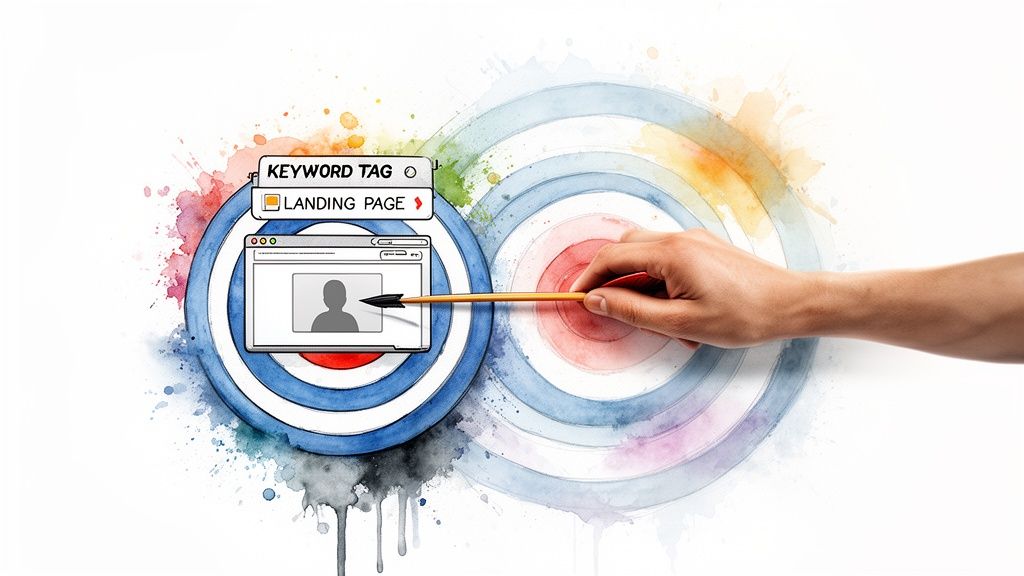Concepto de marketing digital que muestra segmentación, palabras clave, páginas de aterrizaje y una mano apuntando con una flecha.