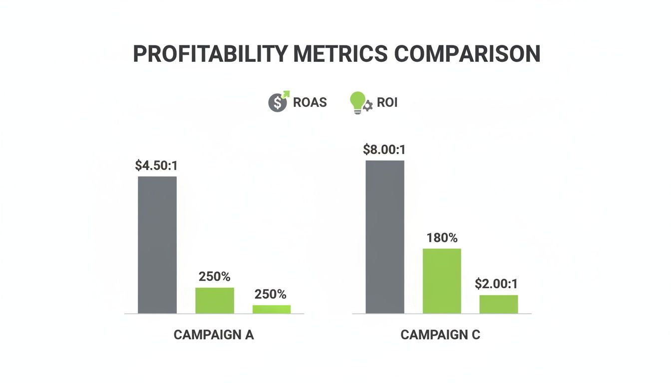 Graphique en barres comparant les indicateurs de rentabilité ROAS et ROI pour les résultats Campaign A et Campaign C.