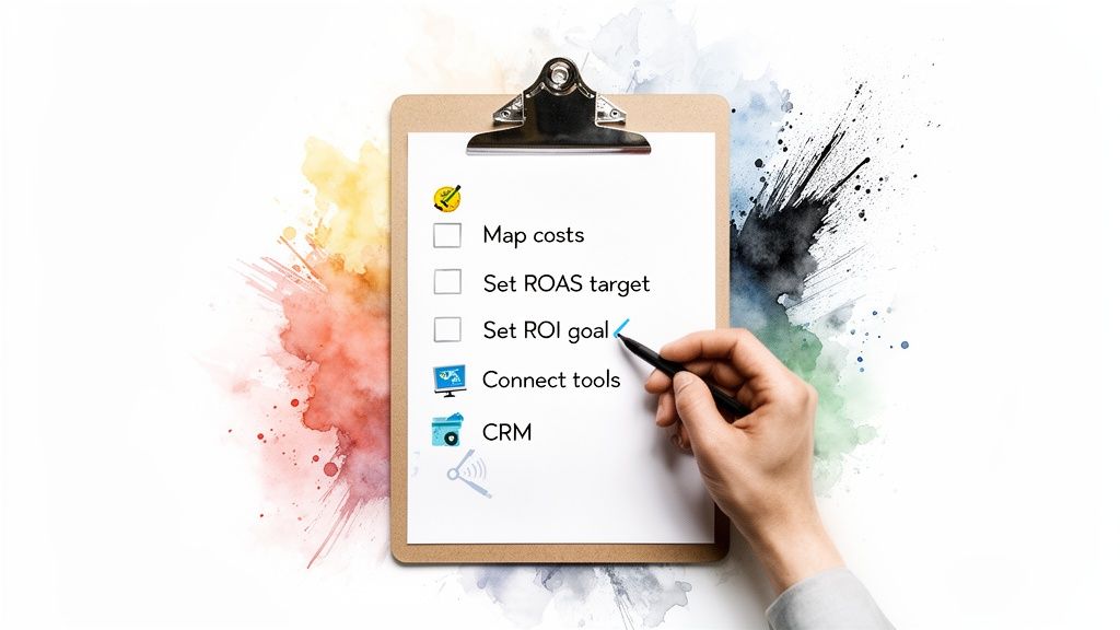 Une main coche 'Set ROI goal' sur une checklist marketing, avec ROAS et coûts sur un presse-papiers.