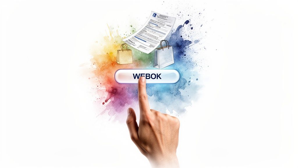 Un deget atinge un buton „WEBOK”, înconjurat de pungi de cumpărături, un document și accente colorate tip acuarelă.