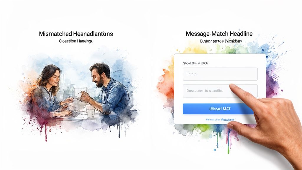 Zwei Aquarell-Illustrationen zeigen Marketing-Konzepte, darunter Menschen, die zusammenarbeiten, und eine Hand, die auf ein digitales Formular klickt.