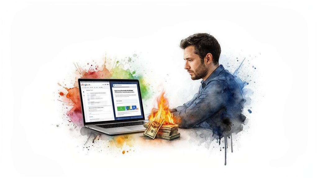 Ein Mann sieht auf einen Laptop, während ein Stapel Geld verbrennt – Symbol für verschwendete Kosten und schlechte Performance.