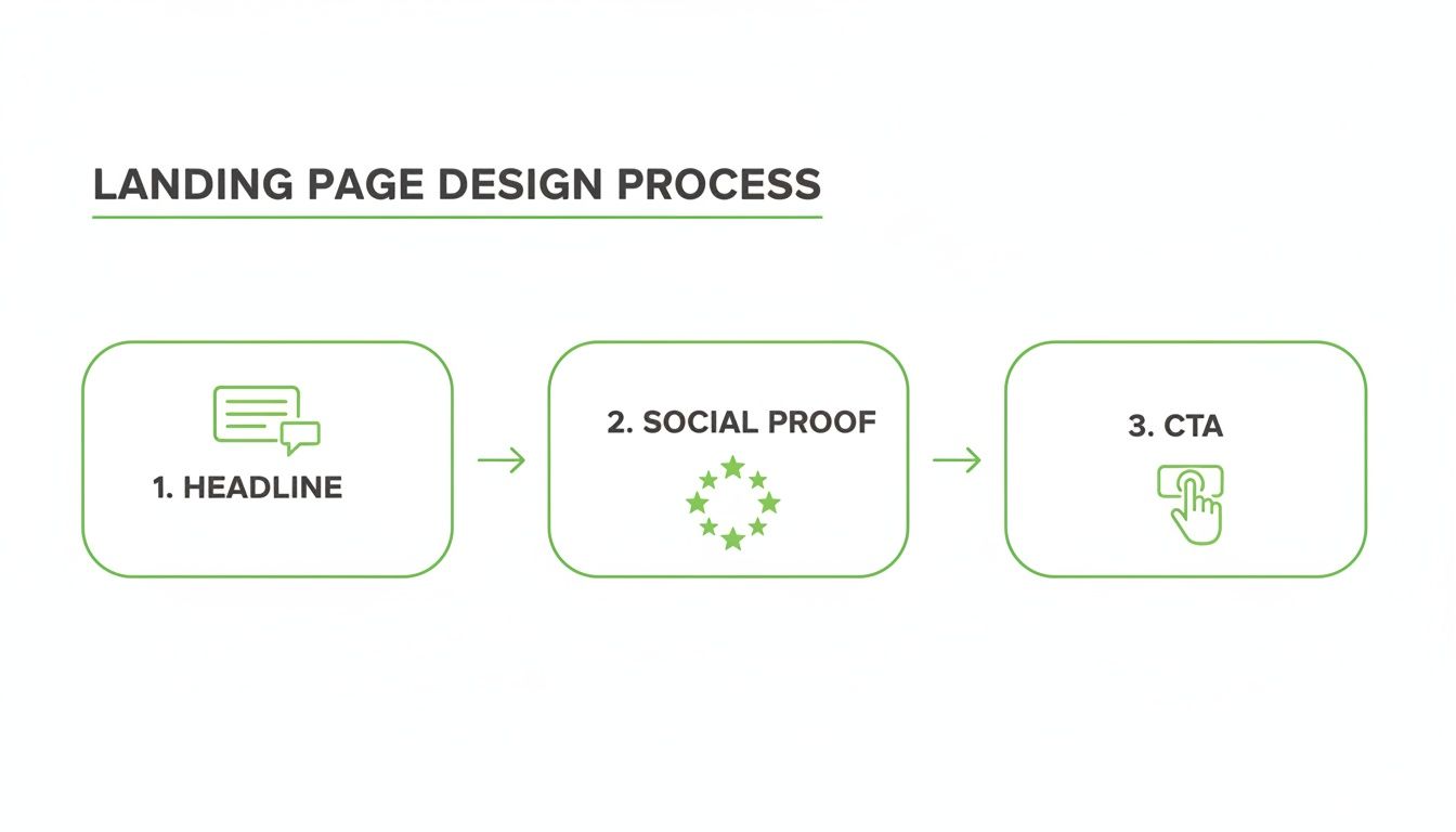 Ein Ablaufdiagramm zeigt den 3-Schritte-Prozess des Landing-Page-Designs: Headline, Social Proof und CTA.