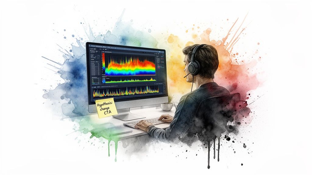 Person mit Kopfhörern analysiert farbige Datenvisualisierungen am Computer, ein Hinweis „Hypothese: CTA ändern“ ist sichtbar.