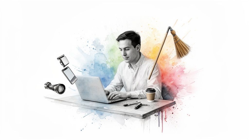 Un homme sur un ordinateur portable avec un arrière-plan créatif à l’aquarelle et des éléments flottants liés au travail.
