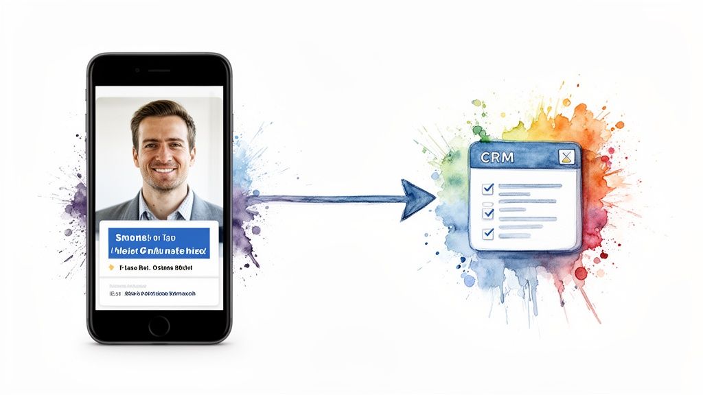 Un smartphone affichant le visage d’un homme et du texte, avec une flèche pointant vers une fenêtre de système CRM.
