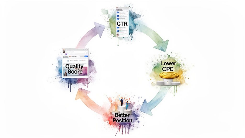 Infografik, die die positive Feedback-Schleife zwischen Quality Score, CTR, Lower CPC und Better Position in Werbung zeigt.