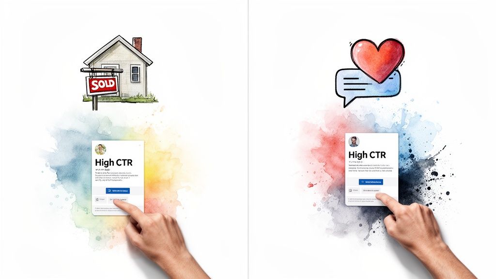 Hände, die 'High CTR'-Karten berühren und CTR-Benchmarks in Real Estate und Social Media veranschaulichen.