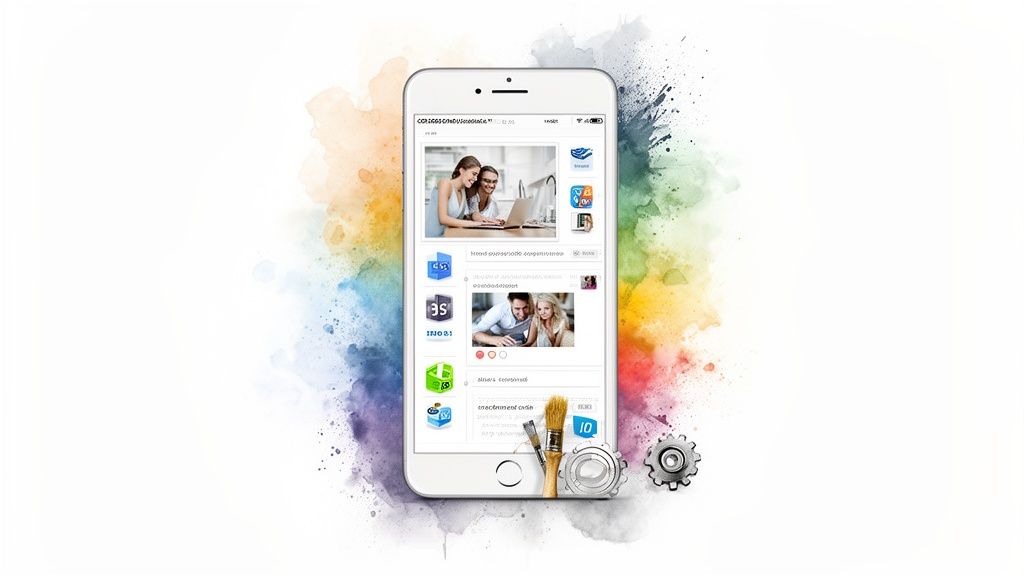 Ein weißes Smartphone zeigt App-Inhalte vor farbigen Aquarell-Spritzern, mit Pinselstrichen und Zahnrädern.