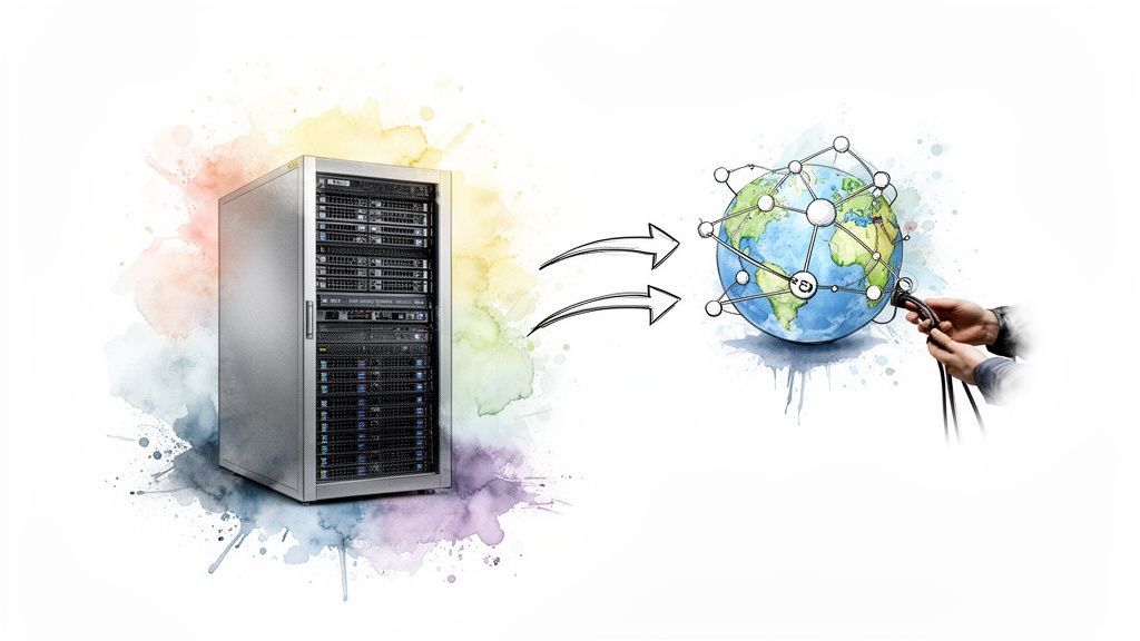 Illustration eines Server-Racks, das mit einer weltweiten Netzwerk-Globus-Grafik verbunden ist; Hände stecken Kabel ein.