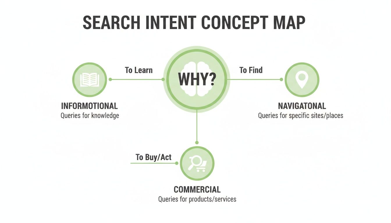 Une carte conceptuelle montrant les trois principaux types d’intention de recherche : informationnelle, navigationnelle et commerciale.