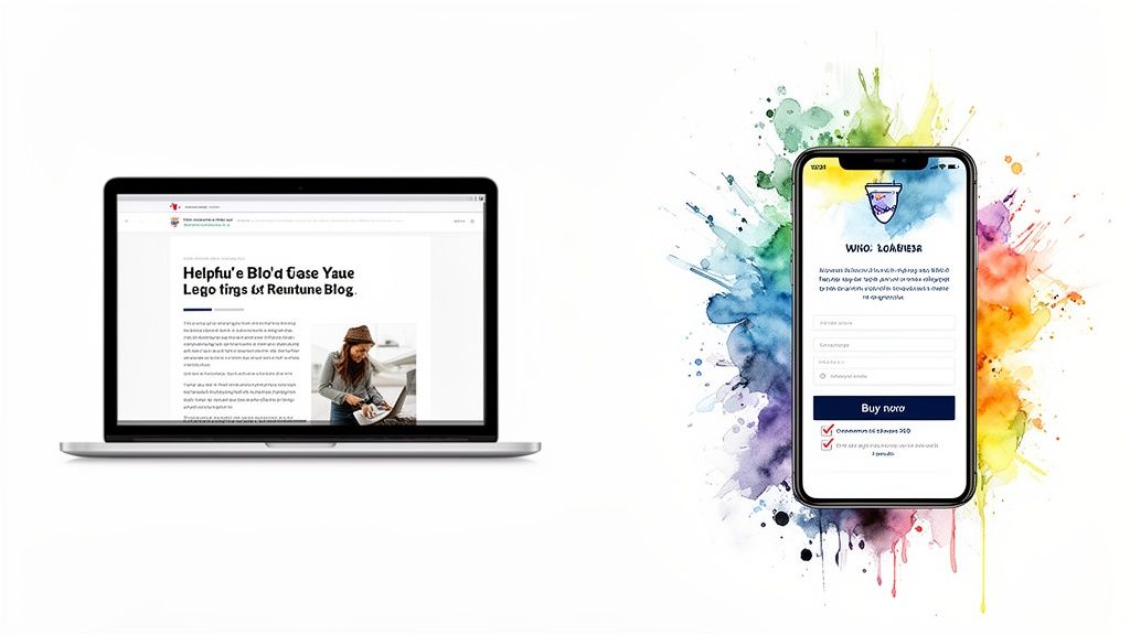 Un ordinateur portable affichant un article de blog et un smartphone avec une application d’achat, rehaussés par des touches de couleur type aquarelle.