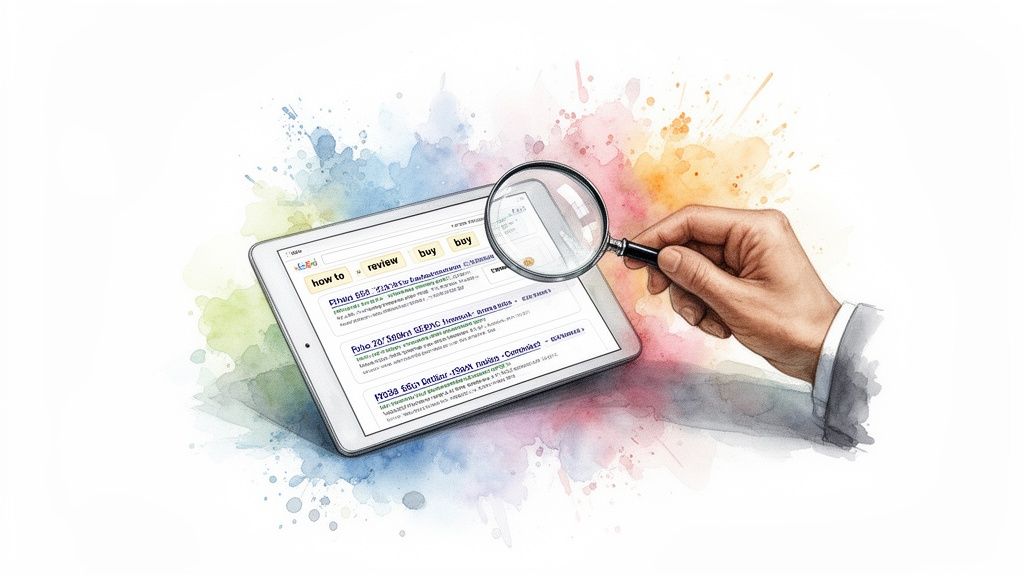 Une loupe inspectant les résultats de recherche d’une tablette, mettant en évidence différentes intentions de recherche.